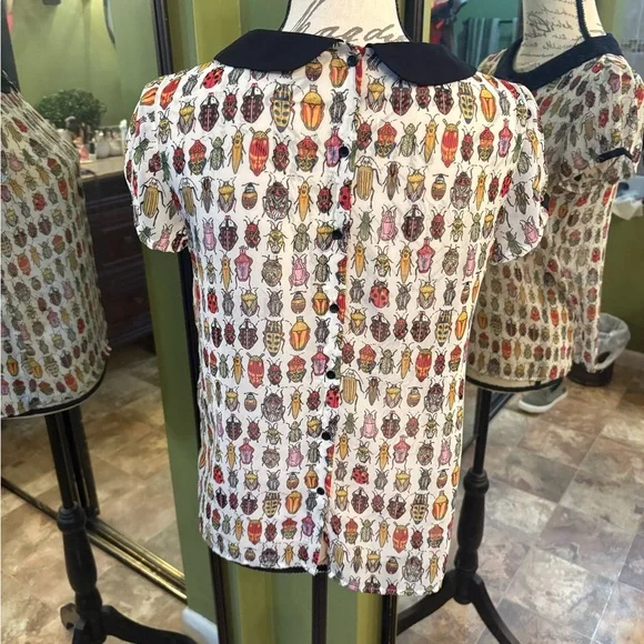 Zara Multicolor Insect Print Blouse with Black Collar - Picture 2 of 3